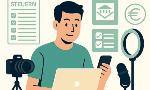 Illustration eines Influencers der an seinem Laptop sitzt und seine Steuern macht