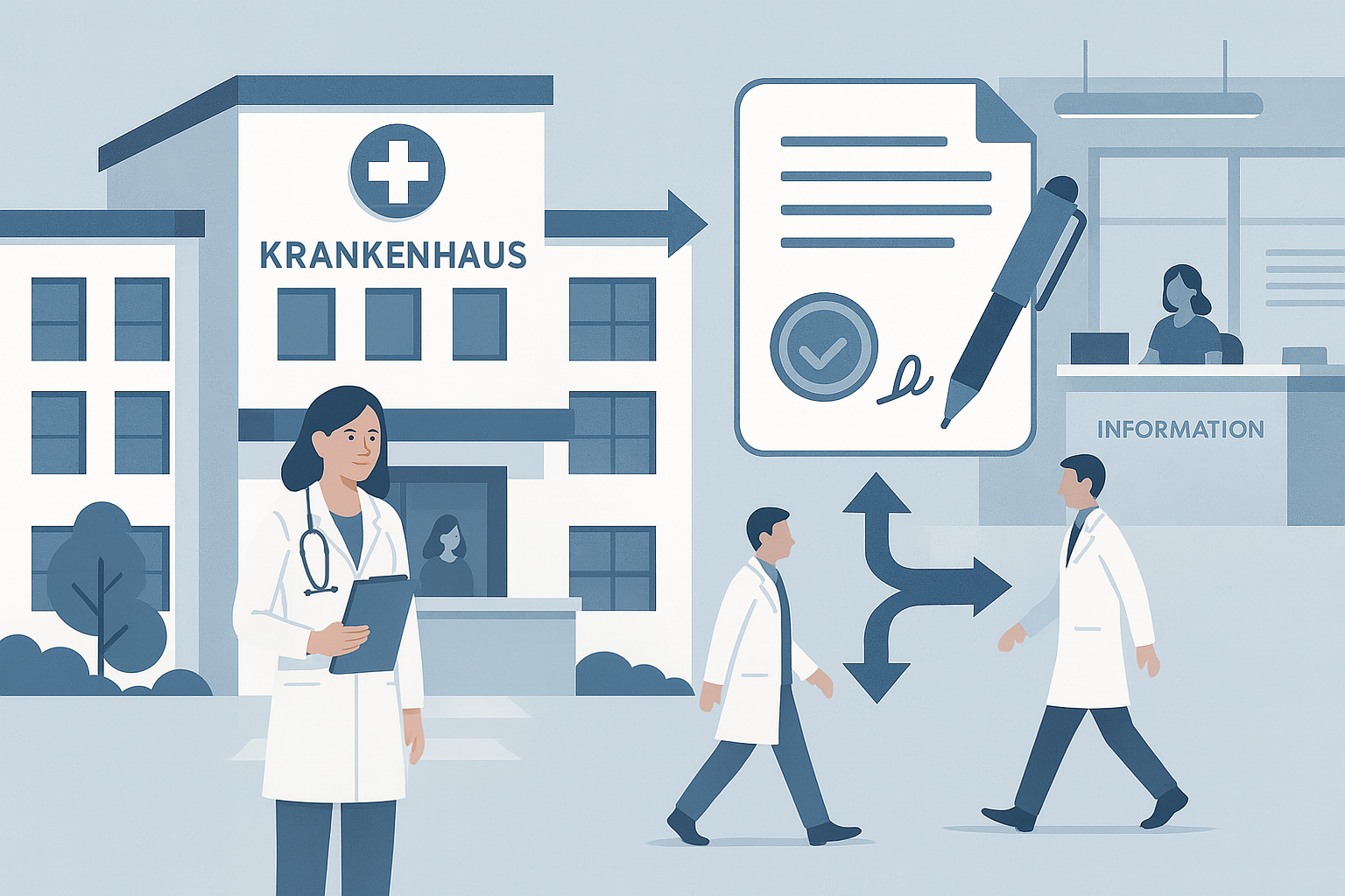 Illustration zur Umsatzsteuerbefreiung von Heilberufen: Eine Ärztin steht mit einem Klemmbrett vor einem Krankenhaus, rechts neben ihr sieht man Ärzte, die hin- und herlaufen müssen, um wichtige Dokumente zu unterzeichnen.