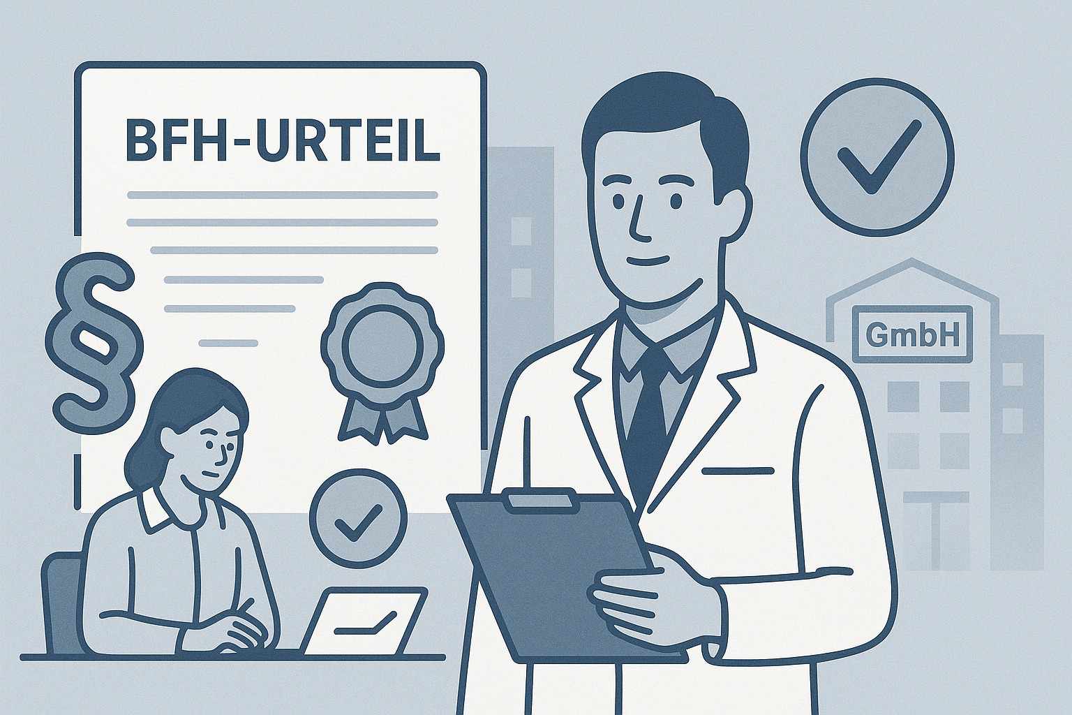 Illustration zur Umsatzsteuerbefreiung von Heilberufen: Ein Arzt blickt auf ein Klemmbrett, im Hintergrund sieht man eine Arzthelferin am Schreibtisch, die das BFH-Urteil liest.