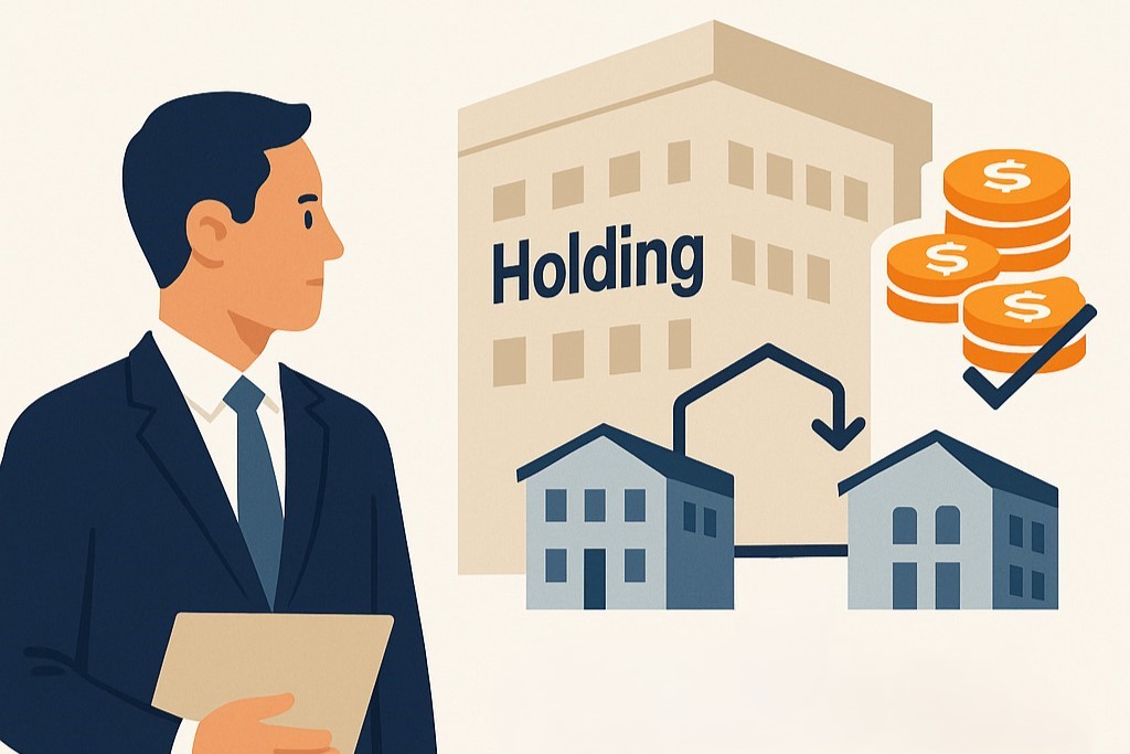 Illustration eines Steuerberaters, der links neben einer Grafik zu Holding und Erbschaftssteuer steht