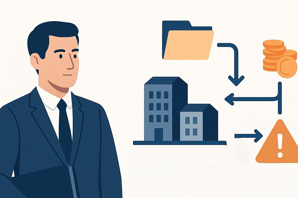 Illustration eines Steuerberaters, der links neben einer Grafik zu Holding und Erbschaftssteuer steht