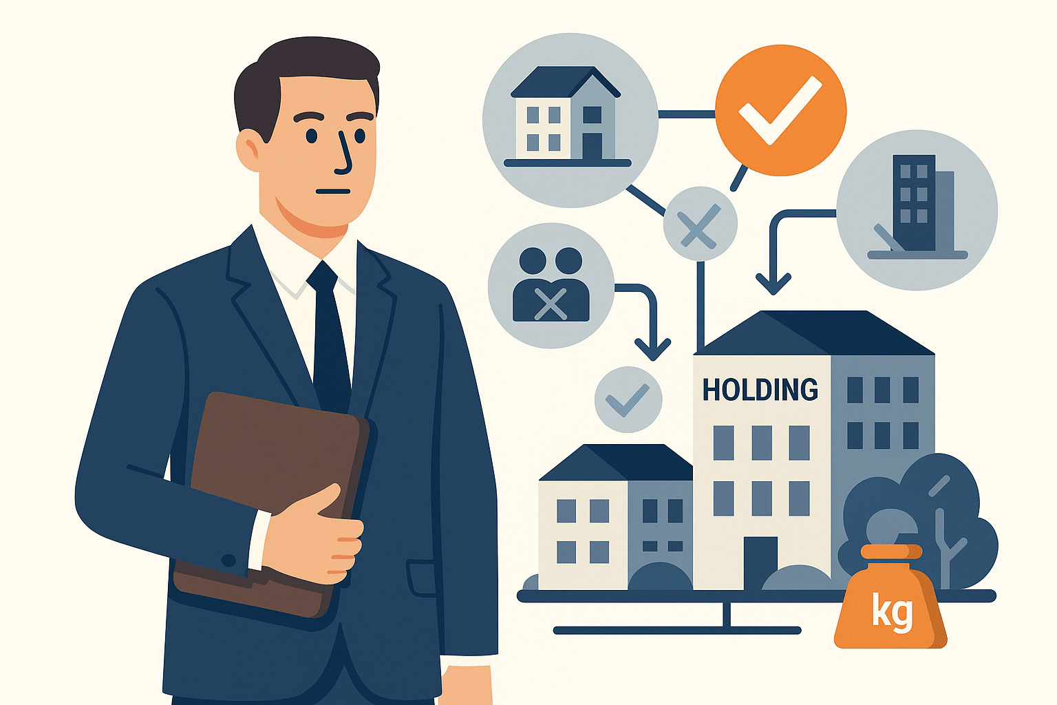 Illustration eines Steuerberaters, der links neben einer Grafik zu Holding und Erbschaftssteuer steht