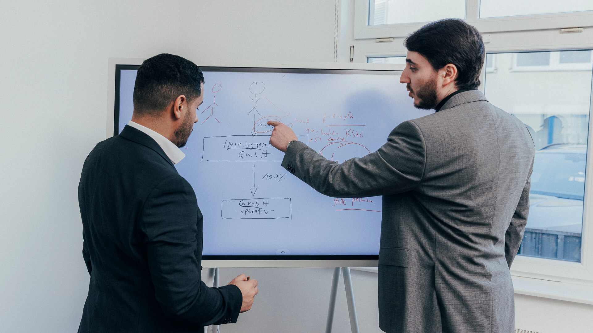 Zwei Steuerberater für den Raum Siegen schreiben an einem Whiteboard