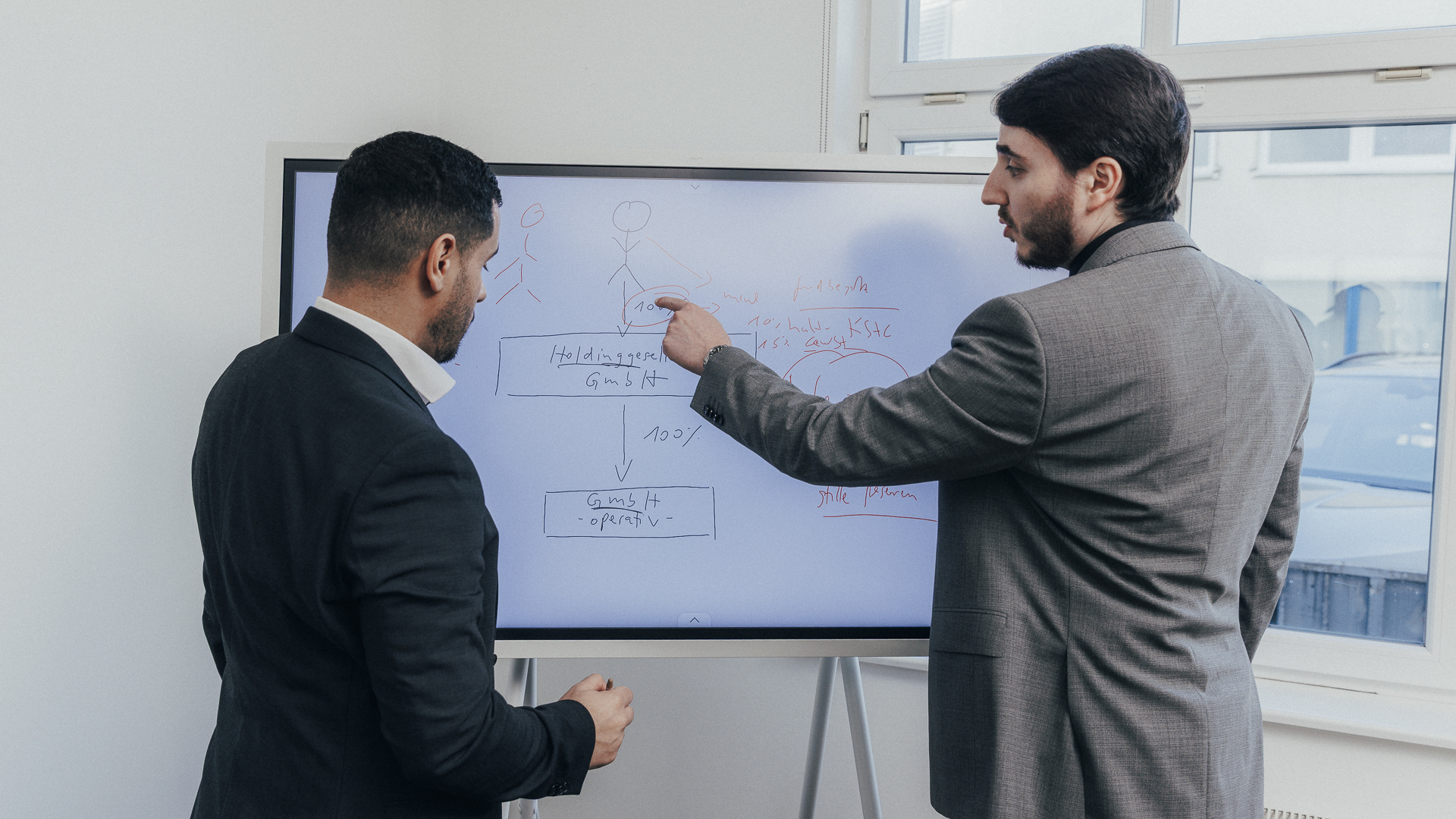 Zwei Steuerberater für Heilberufe stehen vor einem Whiteboard