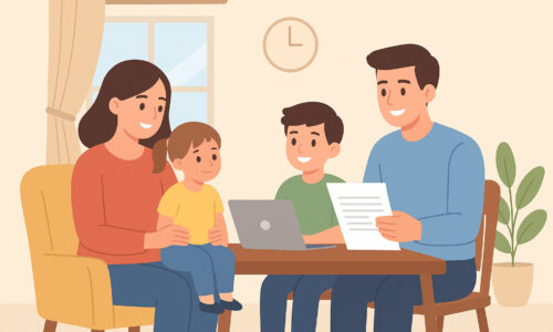 Eine Familie freut sich darüber, dass sie die Kinderbetreuungskosten von der Steuer absetzen konnten